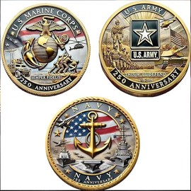 250th Anniversary Army Navy Marine Corps Challenge Coin Set – 3-Piece 1.57" Gold-Tone Double-Sided Commemorative Coins – Military Collector Gift for Veterans & Patriots