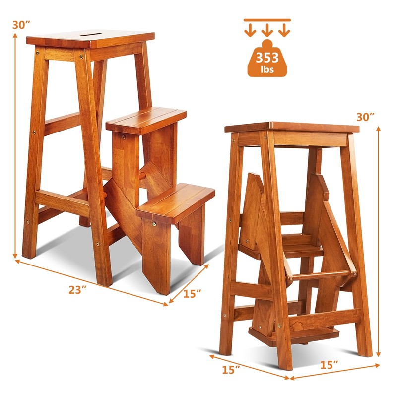BETTARY 3-Step Folding Wooden Step Stool, Portable Anti-Slip Step Ladder,