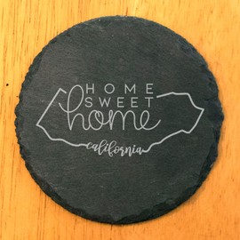 Rustic Slate Coasters Set of 8, Round 4" with California 'Home Sweet Home' Design, Perfect for Holidays, Birthdays, Housewarming Gifts, Made in Oregon, USA, Natural Chipped Edge, Rubber Feet