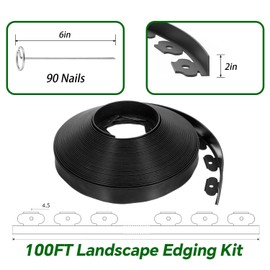 No-Dig Landscape Edging, 100 Foot Garden Edging Kit with 90 PCS Metal Spikes, 2 Inch Tall Garden Edging Roll for Landscaping, Lawn, Flower Beds, Grass, Yard(Black)