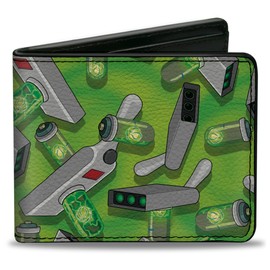 Buckle-Down Rick and Morty Wallet, Bifold, Rick and Morty Portal Gun Collage Greens, Vegan Leather, Green, 4.0" x 3.5", Casual