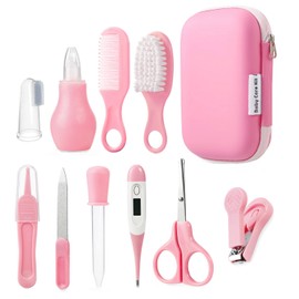 PandaEar Baby Healthcare and Grooming Kit, Baby Safety Set Baby Comb, Brush, Finger Toothbrush, Nail Clippers, Scissors, Nasal Aspirator, Baby Essentials Nursery Care Kit (Pink)
