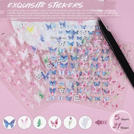 5D Embossed Butterfly Nail Stickers, 5 Sheets Tulip Flower Star Engraved Nail Decals Self-Adhesive Rhinestones Design Nail Supplies Pink Blue White Butterfly Stickers for Women Girls Nail Decorations