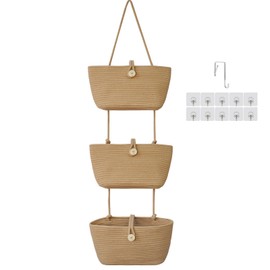 TeoKJ Over the Door Hanging Baskets with Wooden Button, 3-Tier Woven Cotton Storage Organizer Bag, Wall-Mounted with Hook Decorative Hanging Nursery Baskets, Jute