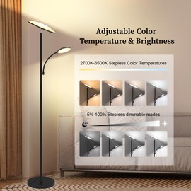 Floor Lamp, 2025 Upgraded 42W 4500LM Super Bright LED Floor Lamp with Rotatable Reading Light, Touch Remote Control & Memory Function, Stepless Dimmable Standing Lamp for Living Room Bedroom, Black