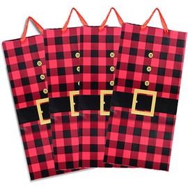 Knextion Inc Christmas Gift Bags Santa Suit Red Plaid Tall Bag for Wine Toys for Kids Rectanble Shape Reusable Gift Bags - 4 Piece Set