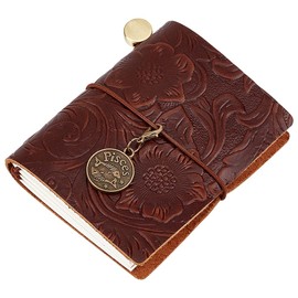 CRASPIRE Small Leather Journal 3.3x3.1 Notebook Carving Floral Travel Vintage Daily Blank Paper Refillable 128 Pages Bound Portable Notepad for Man Women Antique Gifts Artist Traveler Writing Coffee