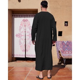 YAOHUOLE Men's Kaftan V-Neck Long Sleeve Kaftan Men's Long Button High Thobe Men's Side Split Cotton with Pockets, 01 black, 3xl