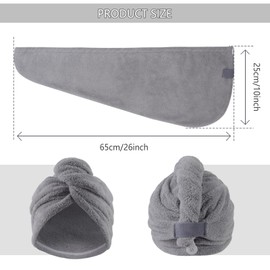 VIVOTE Hair Towel Wrap, Anti-Frizz Quick Drying Microfibre Hair Towel, Super Absorbent Hair Towel Wrap for Wet, Long Curly Hair Microfibre Hair Turbans with Button, 25cm*65cm Grey 3 Pack