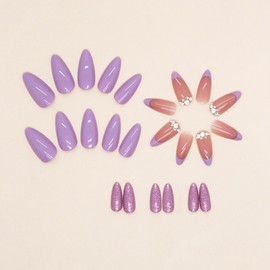 24Pcs French Tip Press on Nails Purple Fake Nails Almond Shape False Nails Full Cover Acrylic Nails with Rhinestone Designs Glitter Glue on Nails Glossy Artificial Nails for Women and Girls Manicure