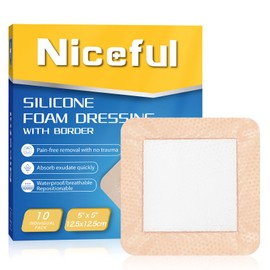 Niceful 10 Packs 5"x5" Silicone Foam Dressing with Gentle Border(3"x3" Pad)–Bandages for Wounds, Pressure Sores Post-Surgery Incisions Abrasions & Blisters, High Absorbency Wound Care