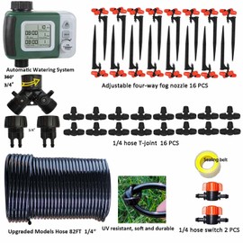 Drip Irrigation Kit Automatic Watering System with Water Timer 80FT 1/4 Tubing and 16 Rain Spray Watering Nozzles in 4 Directions for Potted Plants Yard Lawn Juvenile Plants Green