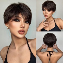 Sleek Classic Pixie Wig with Side Bangs Elegant Short Cut in Natural Espresso Brown