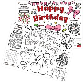 12Pcs Cherry Coloring Placemats Birthday Decorations Coquette Happy Bday Paper Placemats She's The Cherry on Top Coloring Activity Paper Crafts for Girls Birthday Party Supplies