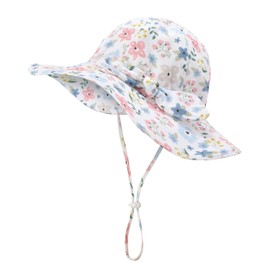 Baby Girl Sun Hat Toddler Summer Bucket Hats UPF 50+ Hat for Infant Girl Beach Hat with Wide Brim 0-6T Blue Pink Flower Bow 1-2 T