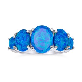 Gemstone 5 Stone Oval Blue Green Created Opal Half Eternity Band Ring for Women .925 Sterling Silver Thin 1 mm Band October Birthstone, Opal