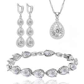 LMXXVJ - Juego de collar y aretes largos, chapado en oro blanco, juego de joyas de zafiro azul creado para boda, fiesta, regalo para mujeres y damas de honor, Cobre, Zafiro sintético