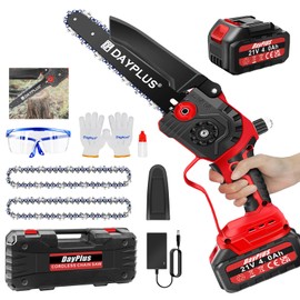 Mini Cordless Chainsaw, 8 Inch Handheld Chain Saw With Security Lock, Battery Powered Chainsaw With Powerful Manganese Steel Chain & Automatic Oiler, Includes 1 x 4.0Ah Battery and 2 Chainsaw Chains