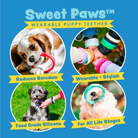 Sweet Paws Puppy Teething Bracelet Stack - Wearable Silicone Dog Chew Toys for Mouthy Dogs and Cats - Fun to Chew, Tug & Fetch - Puppy Nipping Solution Toys for Small/Medium Dogs (I Heart The 80s)