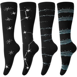 4 Pairs Compression Socks for Women & Men Knee High Socks Moisture Wicking Support Calf Sock for Circulation Running Travel Gradient Compression Leg Sock Black