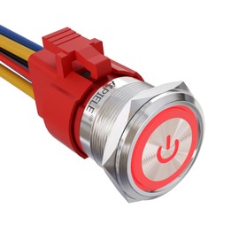 APIELE 22mm Latching Push Button Switch 12V 10A Power Symbol Ring Led Car Metal with Socket Plug 1NO1NC DPST ON/Off 0.87" 1 Pack(Silver Shell, Red)