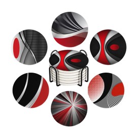HUXJOKO Coasters for Drinks Set of 6,Modern Red Black Geometric Absorbent Ceramic Coaster,Round Stone Mat,with Cork Base and Metal Holder for Coffee Table Room Bar Home Decor Housewarming Gifts