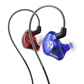 BASN in-Ear Monitor, Dual Drivers Headphones (Earbuds/Earphones/ Headset) MMCX Silver-Plated Cables, Noise-Isolating Microphone Remote (BsingerMC100 Red&Blue)