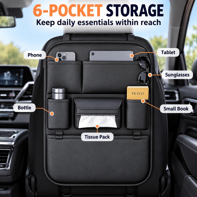 6-Pocket Car Seat Back Organizer for Travel Storage – Waterproof