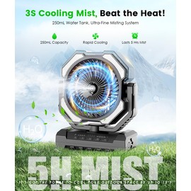 Camping Misting Fan - 30000mAh Portable Battery Powered Fans with 9oz Water Tank, Light, Hook - Rechargeable, 120H Cooling, Last 5H Mist, 4 Speed, Sleep Mode - Outdoor Fan for Travel, Patios, Fishing