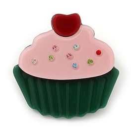 Dark Green/Baby Pink Austrian Crystal Acrylic 'Cupcake' Pin Brooch - 40mm Across