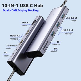 Docking Station Dual Monitor, USB C to Dual HDMI Adapter, Laptop Docking Station, USB C Docking Station, USB C Hub 10 in 1 Docking Station 3 Monitors with HDMI/VGA/PD/USB/SD/TF/3.5mm Audio