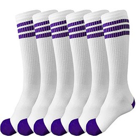 juDanzy 3 Pairs of Knee High Boys or Girls Stripe Team Tube Socks for Soccer, Basketball, baseball and Everyday Wear, White With Purple Stripes, 10-15 Years