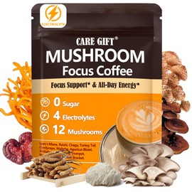 CARE GIFT Mushroom Coffee with 16in1 Mushroom Supplement (Lions Mane, Turkey Tail, Shiitake) and Electrolyte, Instant Coffee Powder for Energy, Focus, Digestion, Immunity