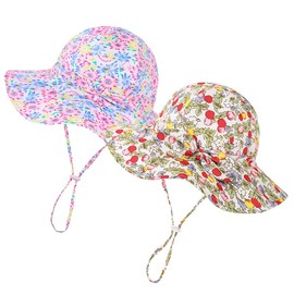 Baby Girl Sun Hat Toddler Beach Hats with UPF 50+ Protective Infant Summer Hat with Wide Brim Baby Girls Bucket Hat Swim Hat (US, Age, 12 Months, 24 Months, Pink Flower with Bow +Red Flower with Bow)