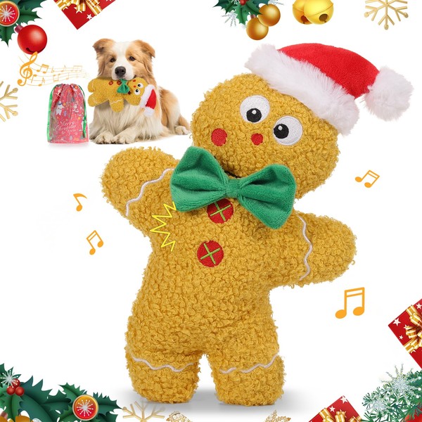Lewondr Christmas Squeaky Dog Toys, Xmas Gingerbread Man Plush Dog