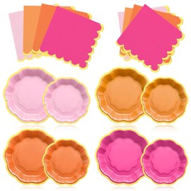 Vesici 60 Pcs Rose Red Pink and Orange Sunset Plates with Napkins 9 Inch 7 Inch Paper Plates Napkins with Gold Foil Border for Tea Birthday Bridal Baby Shower Tequila Sunrise Wedding Party Supply