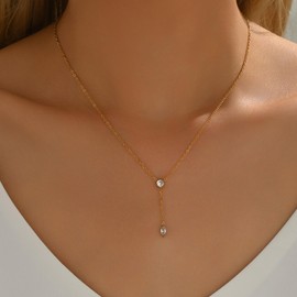 ARAVOP Lariat Necklaces for Women 18K Gold Plated Cubic Zirconia Solitaire Pendant Necklace Dainty Teardrop Necklace Trendy Diamond CZ Y-Shaped Bridesmaid Necklace