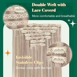 [CHA PING]Easyouth Blonde Clip in Hair Extensions Ash Blonde with Bleach Blonde Double Weft Clip Hair Extension Straight Hair