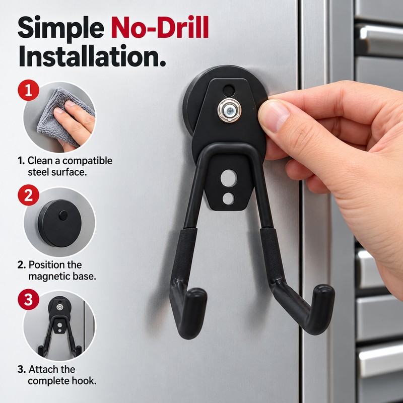 Magnetic Garage Hook, Heavy-Duty Double-Prong Tool Hanger, No-Drill Magnetic Storage