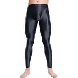 FEOYA Men's Oil Glossy Compression Pants Stretchy Noylon Tights See Through Gym Workout Leggings Mesh Training Long Trousers Black M