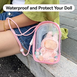 GEREFET PVC Protective Case for Lububu 17cm Plush Doll, Blind Box Doll Display Case for Lafufu, Clear Hanging Storage Bag Keychain, Doll Clear Bag Carrying Bag for Figures (Pink)