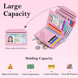 BIAOTIE Wallet Women Leather Bifold Womens Wallet RFID Blocking Credit Card Wallets for Women with Zip Coin Pocket (Pink)