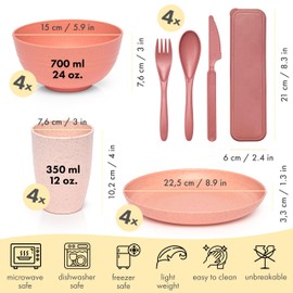 FOODLE Wheat Straw Dinnerware Set - BPA Free & Safety Tested - Unbreakable, Microwave & Dishwasher Safe Dishes - Toddler & Kids Plates and Bowls Sets - College Dorm Room Essentials for Girls - For 4
