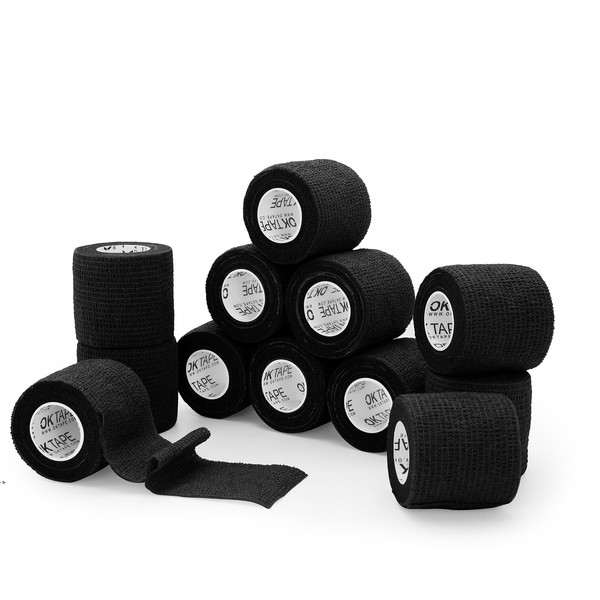 OK TAPE Self Adherent Cohesive Bandages Wrap 12Packs, 2 Inches X 5 Yards, Non-Woven Self Adhesive Athletic Sports wrap Tape, Vet Wrap Bandages Tape, for Thumb Finger Wrist Ankle (Black)