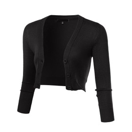 Allsense Women's 3/4 Sleeve Cropped Bolero Shrug Button Down Cardigan Sweater Lightweight Knit, Black, Small