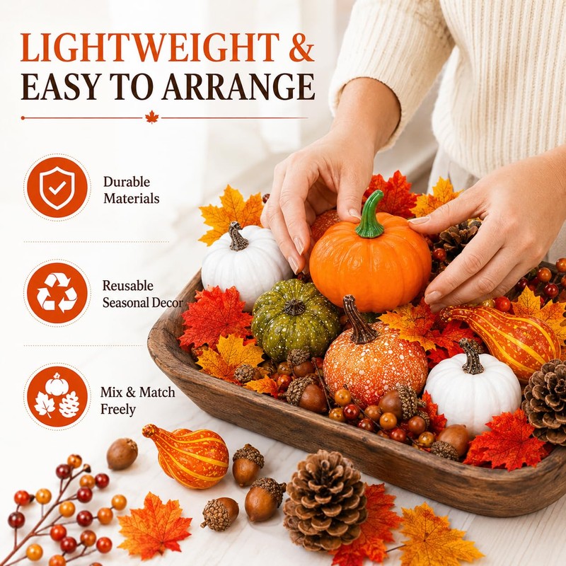 120-Piece Fall Harvest Decor Set with Artificial Mini Pumpkins and