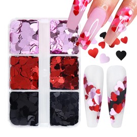 ROFIBUT Heart Nail Art Glitter Sequins Valentine's Day Nail Art Supplies 3D Holographic Love Heart Nail Glitters Flakes Laser Pink Black Heart Nail Art Decorations for Women Girls Nail Decor 6 Grids