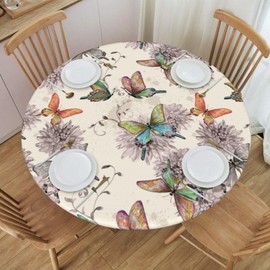 CJXPJZPLD Vintage Butterfly Round Elastic Tablecloth Edge Fitted Table Cover Fits Table 40"-44" Diameter