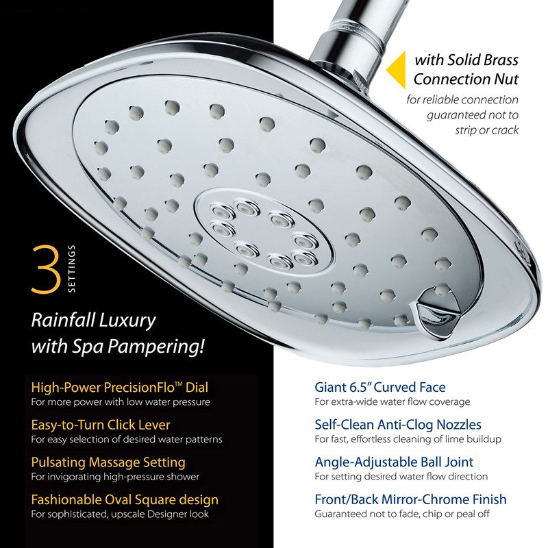 High-Pressure 3-function Giant 7.3-Inch Designer Rain Shower Head w/High-Power Pulsating
