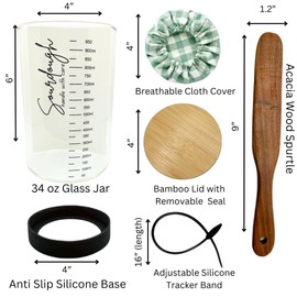 Sourdough Starter Kit - Sourdough Kit Includes Wooden Spurtle, Glass Jar w/ Bamboo Lid, Cloth & More - Non-Slip Silicone Base Sourdough Bread Baking Supplies - Bread Making Kit for Beginners & Pros